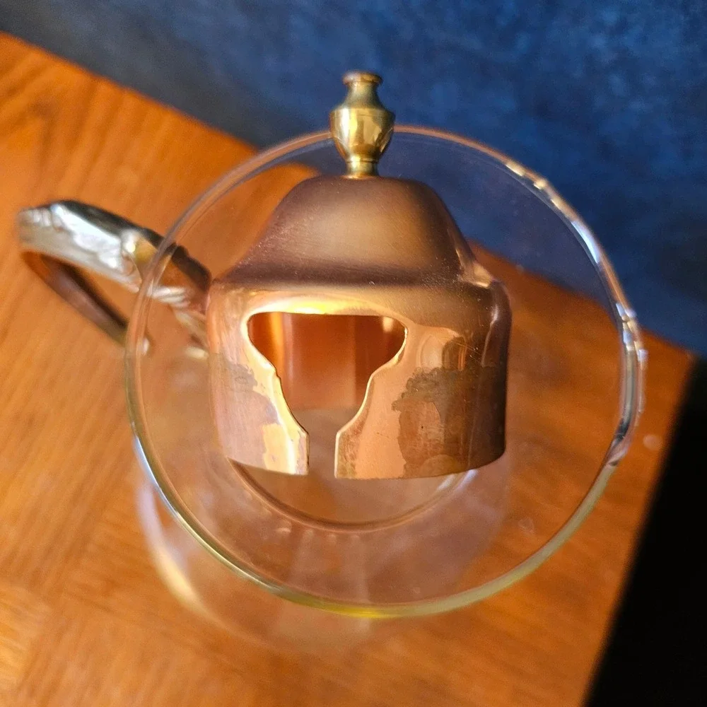 Vintage Glass Carafe with Copper Metal Collar and Ornate Scroll Handle 9.5in